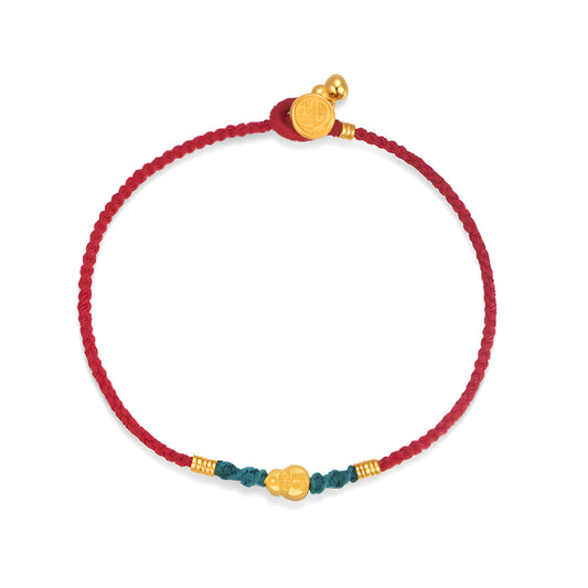 24K Real Gold Lucky Gourd with Red Braided Rope Bracelet