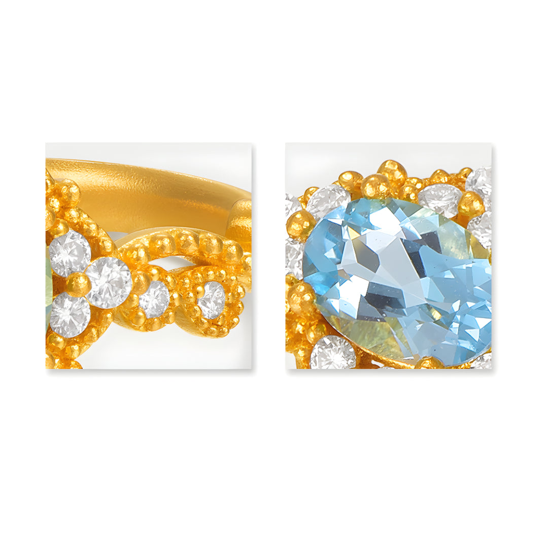 24K Real Gold Blue Water Drop Topaz Moissanite Rococo Style Proposal Ring - Gypsophila Co.