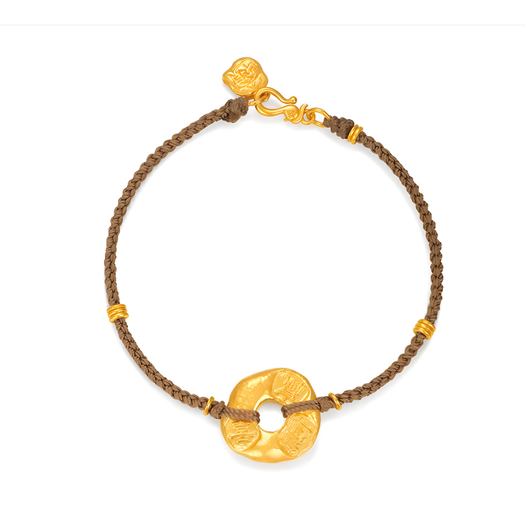 24K Pure Gold Lucky Chinese Words Charm with Braided Rope Bracelet