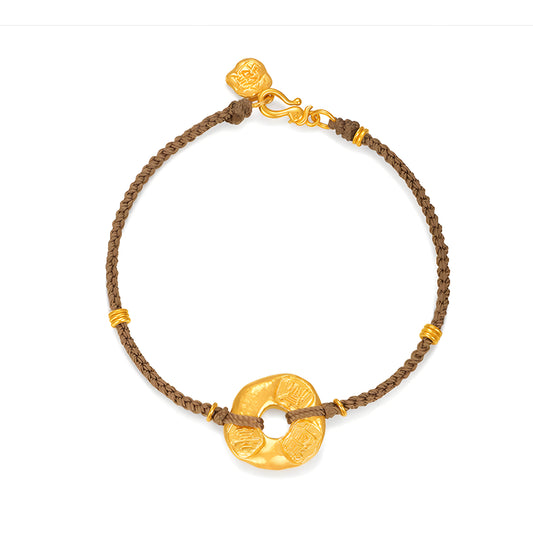 24K Pure Gold Lucky Chinese Words Charm with Braided Rope Bracelet