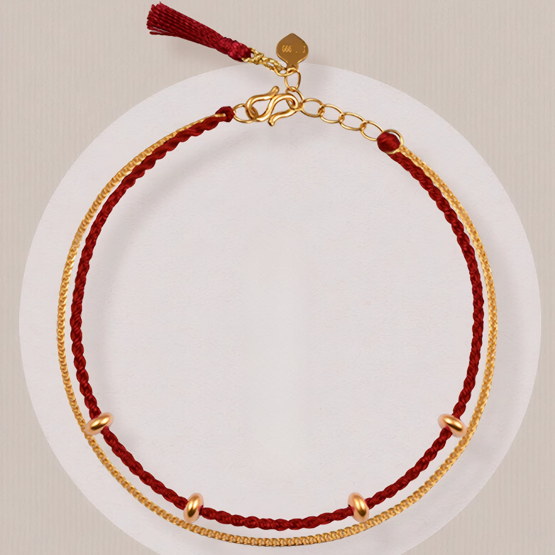 24k Pure 999 Gold Braided red Rope Gold Chain Double Dual Layer Bracelet