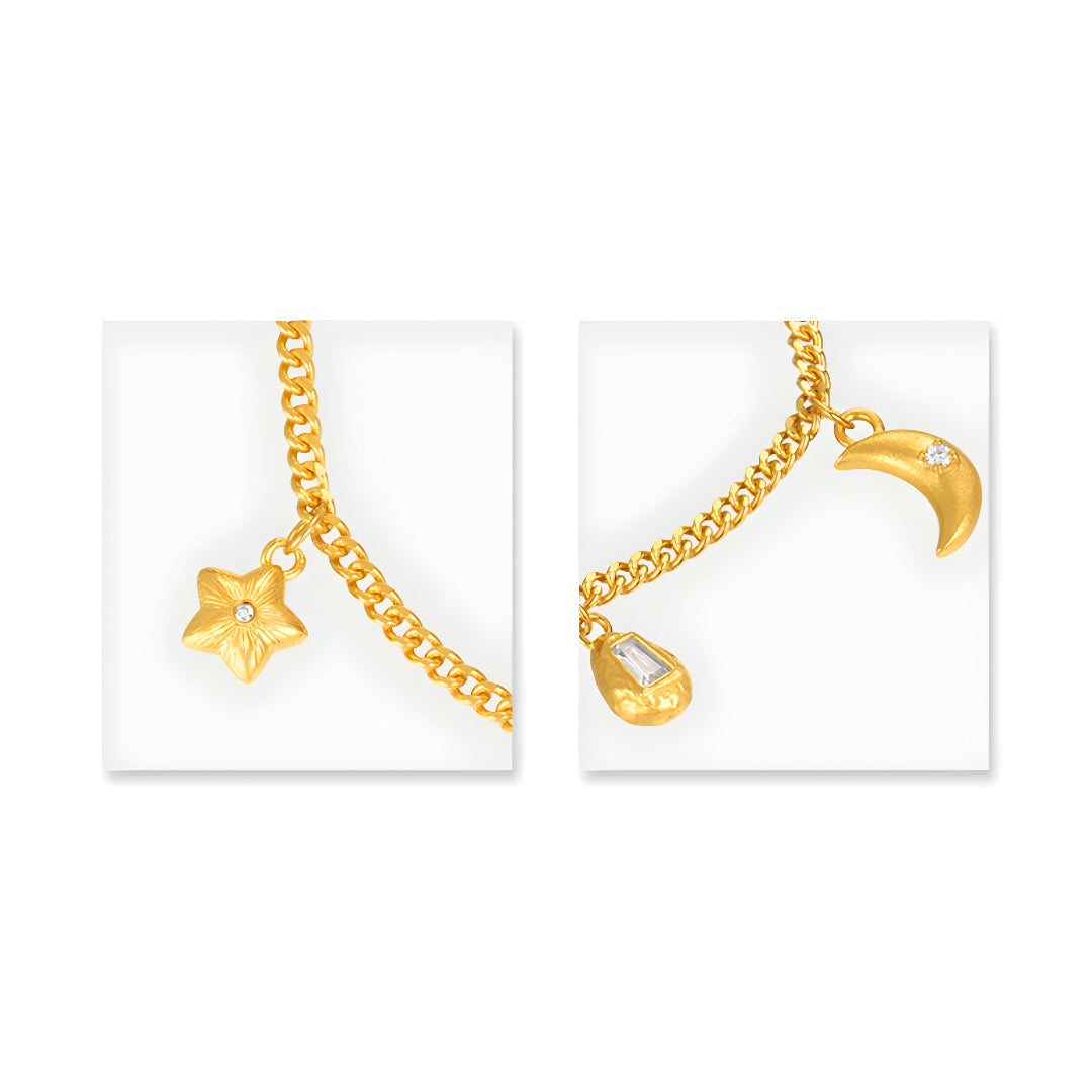 24k Pure Gold Moon and Star Charm Zircon Bracelet - Gypsophila Co.