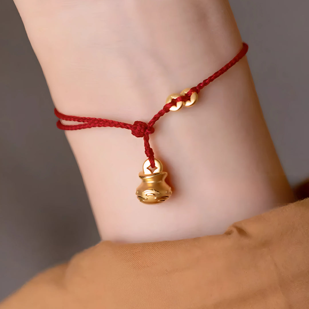 24k Pure 999 Gold Lucky Bag with Coin Red Rope Bracelet