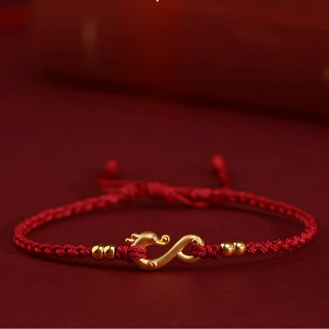 24k Solid 999 Gold Infinity Loop Dragon Pendant with Red String Braided Rope Bracelet and Anklet for Good Luck