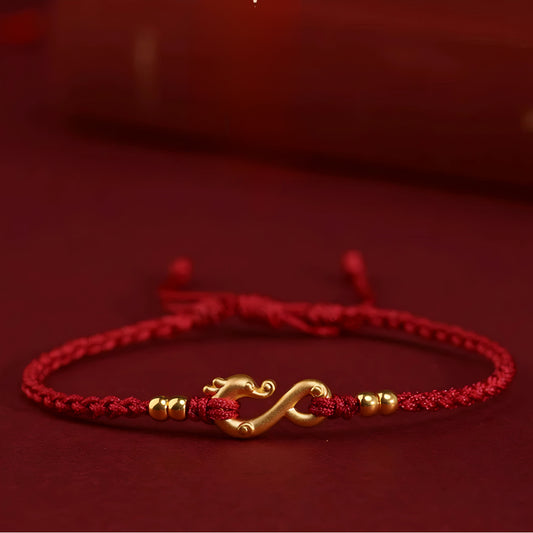 24k Solid 999 Gold Infinity Loop Dragon Pendant with Red String Braided Rope Bracelet and Anklet for Good Luck