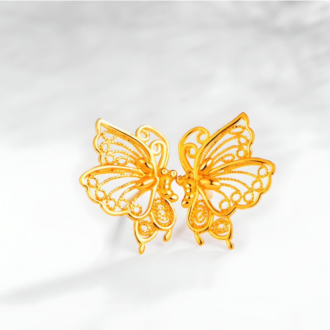 24K Real 999 Gold Lace Elegant Butterfly Stud Earrings