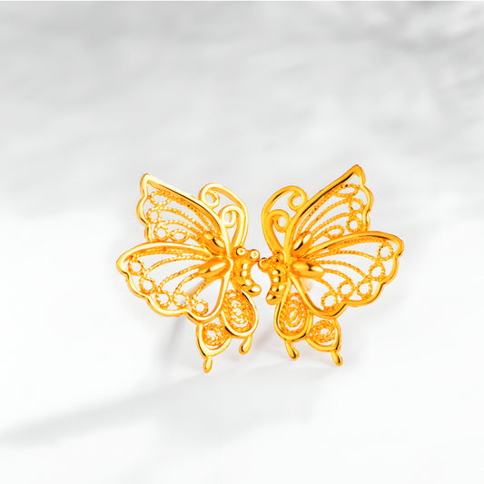 24K Real 999 Gold Lace Elegant Butterfly Stud Earrings