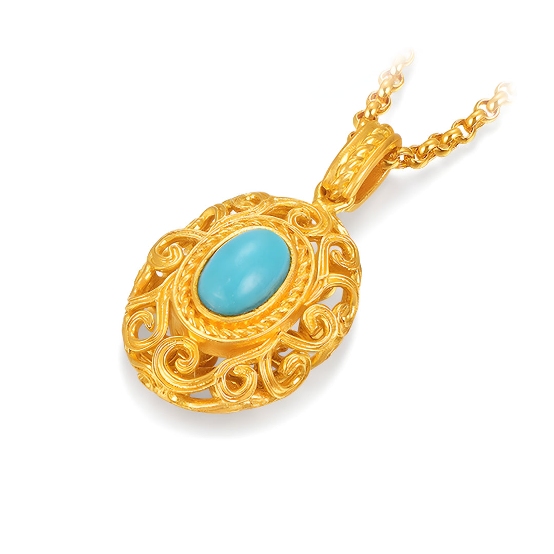 24K Gold Retro Rococo Style Oval Turquoise Pendant - Gypsophila Co.