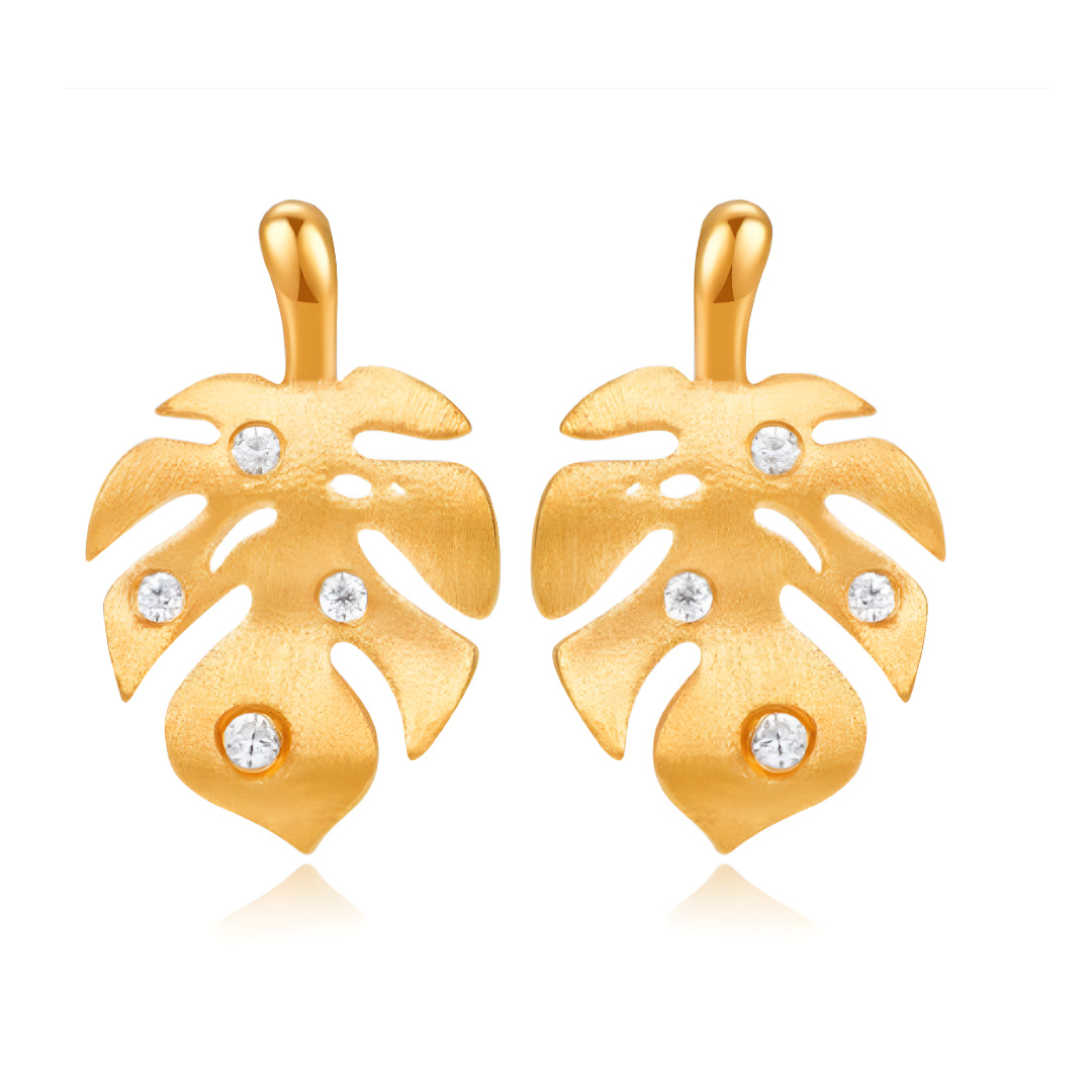 24k Pure Gold Leaf Leaves Zircon Stud Earrings