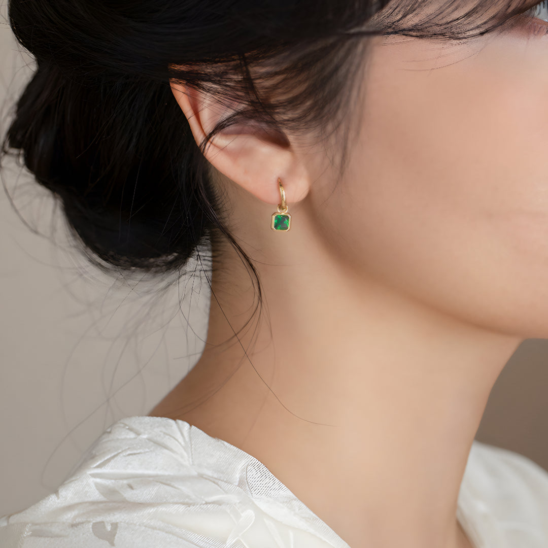 18k Green Square Zircon Dangle with Hoop Earrings