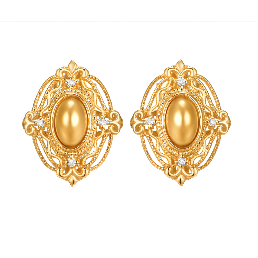 18K Gold Earrings Oval Palace Rococo Stud Earrings