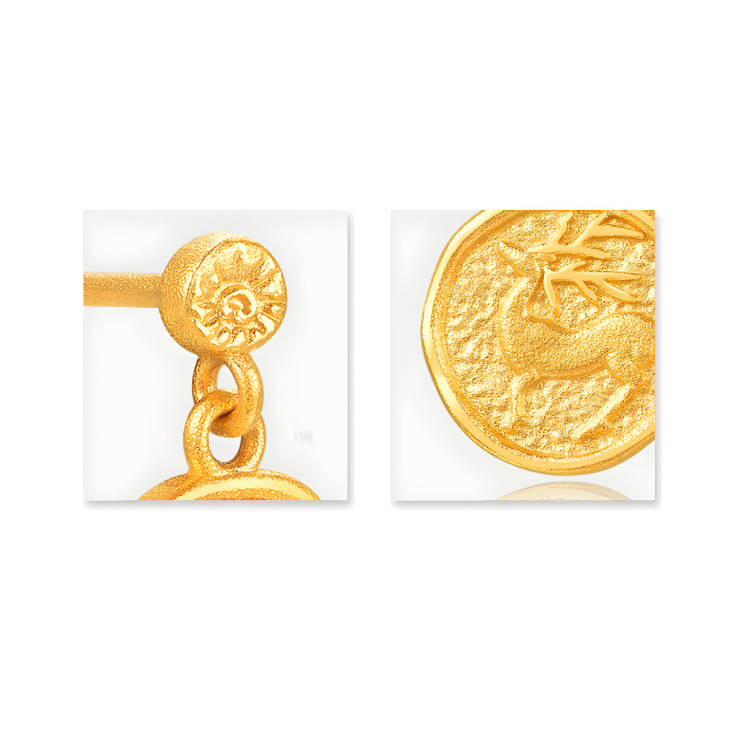 24K Pure Gold Earrings with Deer Chasing the Sun Stud Earrings