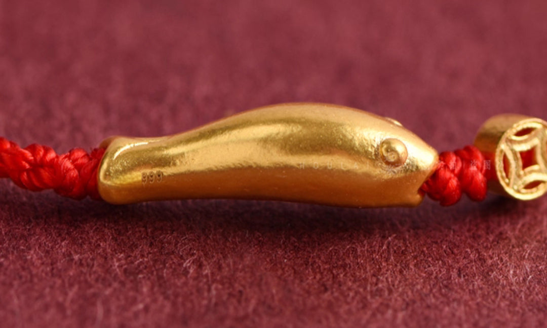 24k Solid 999 Gold Koi Carp Lucky Fish Red Rope Bracelet for Men and Women Braided Bracelet Bring Luck and Wealth
