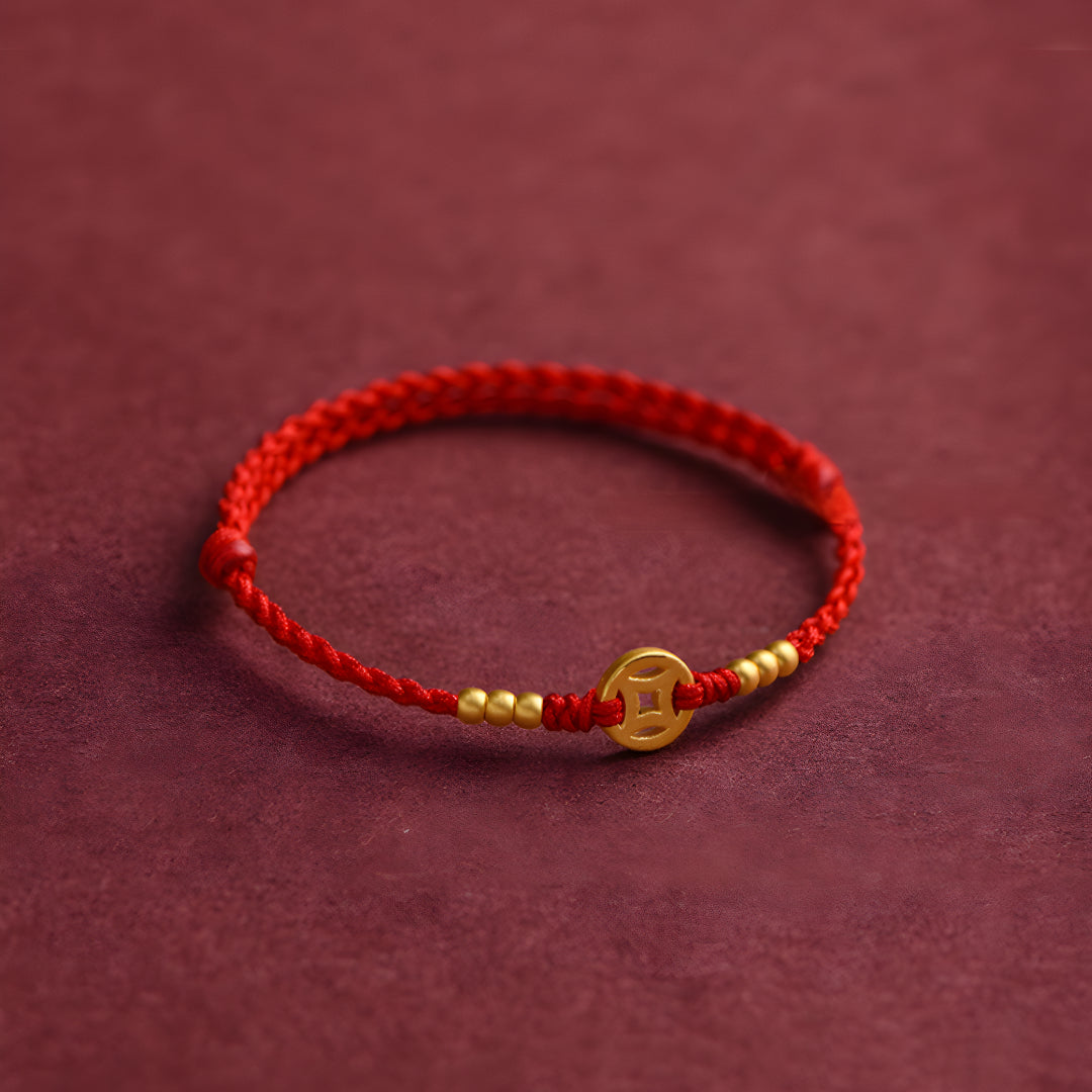 24k Solid 999 Gold Chinese Coin Red Rope Bracelet for Men and Women Blessing and Bring Wealth Braided Bracelet