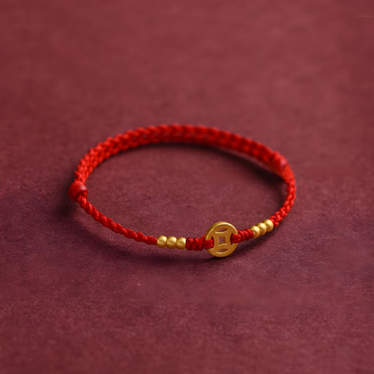 24k Solid 999 Gold Chinese Coin Red Rope Bracelet for Men and Women Blessing and Bring Wealth Braided Bracelet