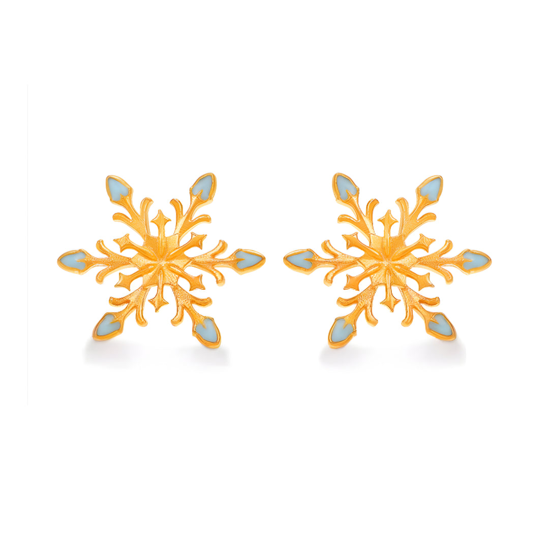 24K Real Gold Snow Snowflake Enamel Stud Earrings Great for Holiday Gift
