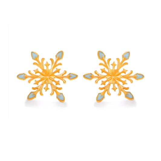 24K Real Gold Snow Snowflake Enamel Stud Earrings Great for Holiday Gift