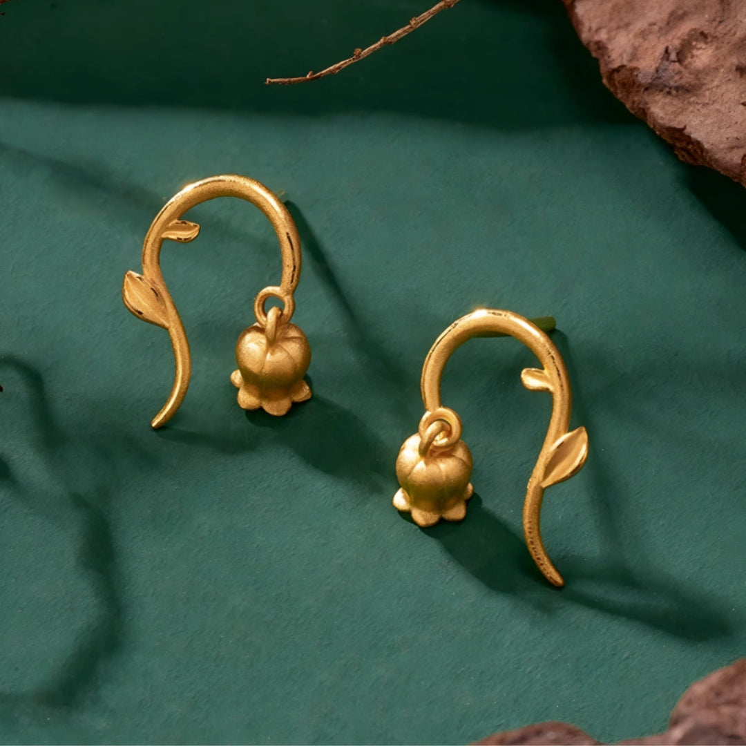 24K 999 Pure Gold Lily Flower Stud Earrings