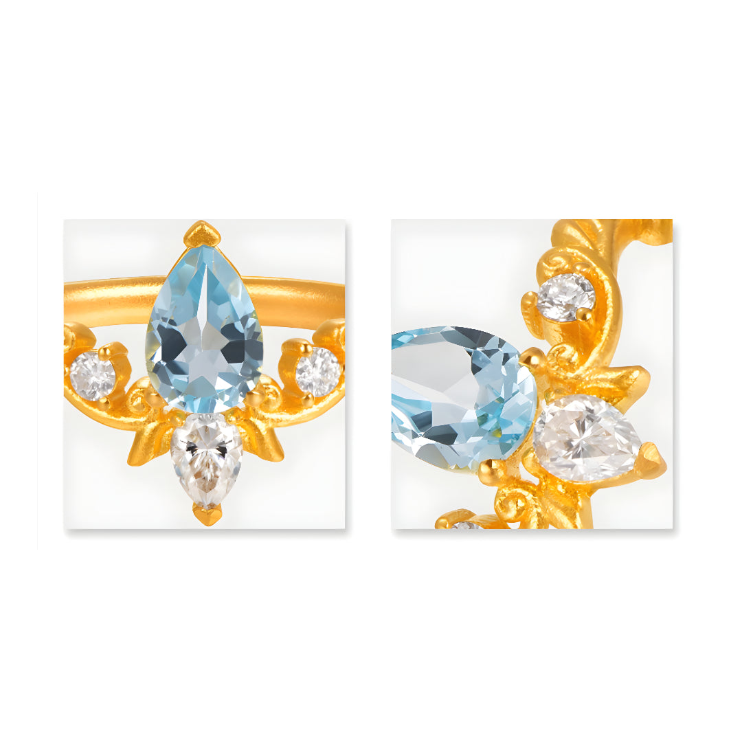 24K Real Gold Blue Water Drop Topaz Moissanite Rococo Style Proposal Ring - Gypsophila Co.