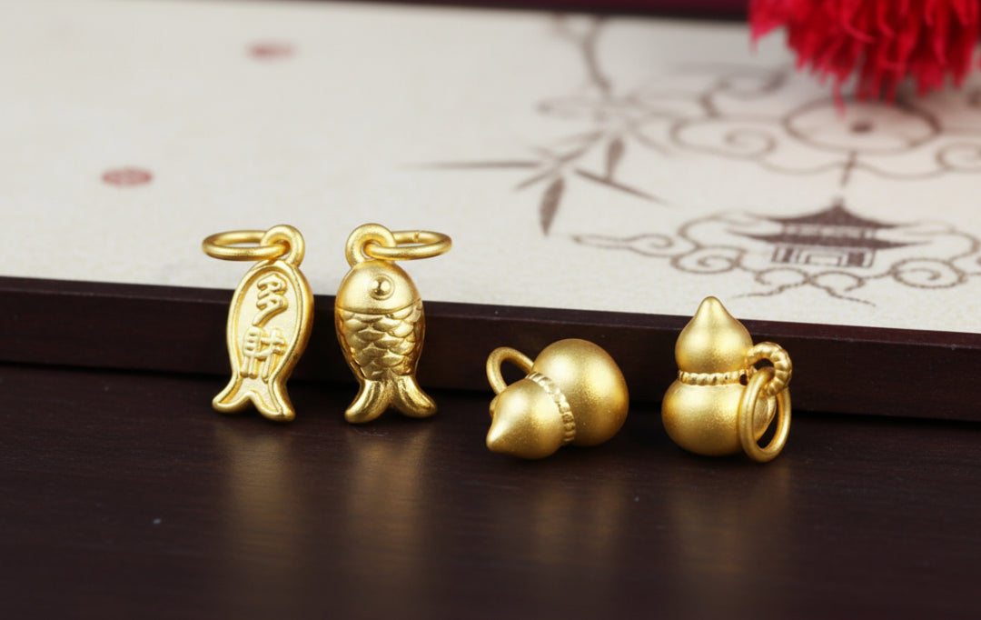 24k Solid Gold 999 Gold Gourd or Small Fish Pendant for Wealth and Fortune D.I.Y Charm