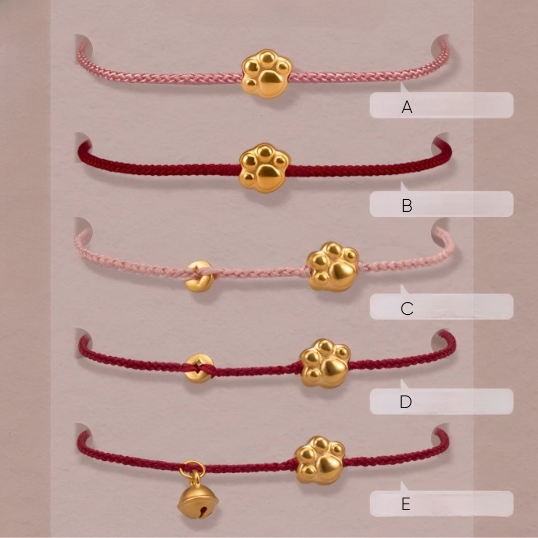 24k Pure 999 Gold Lucky Cute Cat's Paw and Beads with Red Rope Bracelet