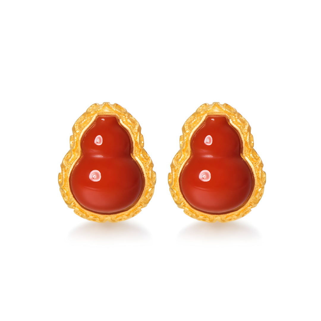 24K Pure Gold Lucky South Red Agate Gourd Stud Earrings - Gypsophila Co.