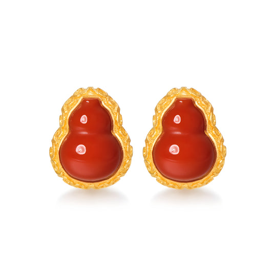 24K Pure Gold Lucky South Red Agate Gourd Stud Earrings - Gypsophila Co.