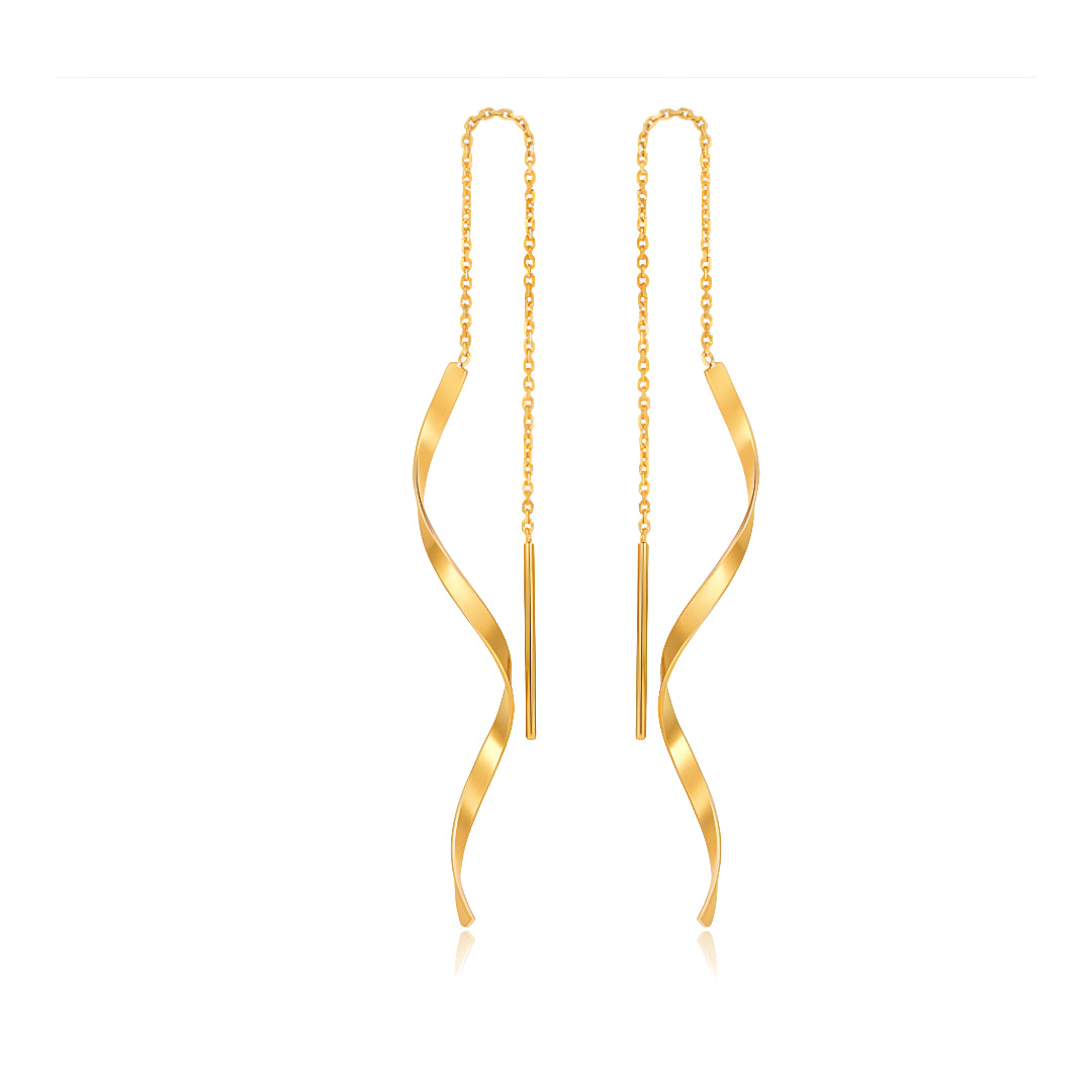 18K Real Gold Wave charm Dangle Threader Earrings