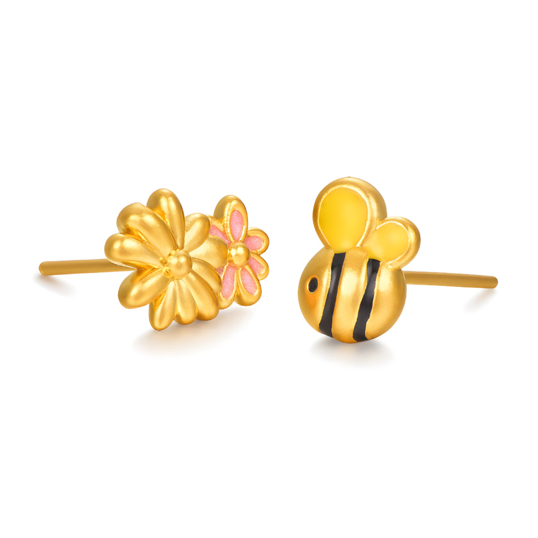 24K Real Gold Cute Playful Flower and Honey Bee Asymmetrical Stud Earrings - Gypsophila Co.