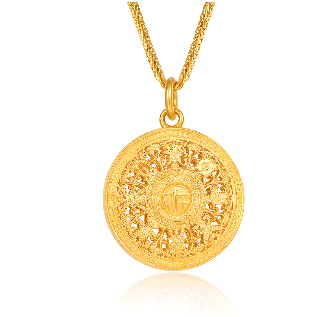 24K Round Compass Fortune Blessing Gold Pendant - Gypsophila Co.