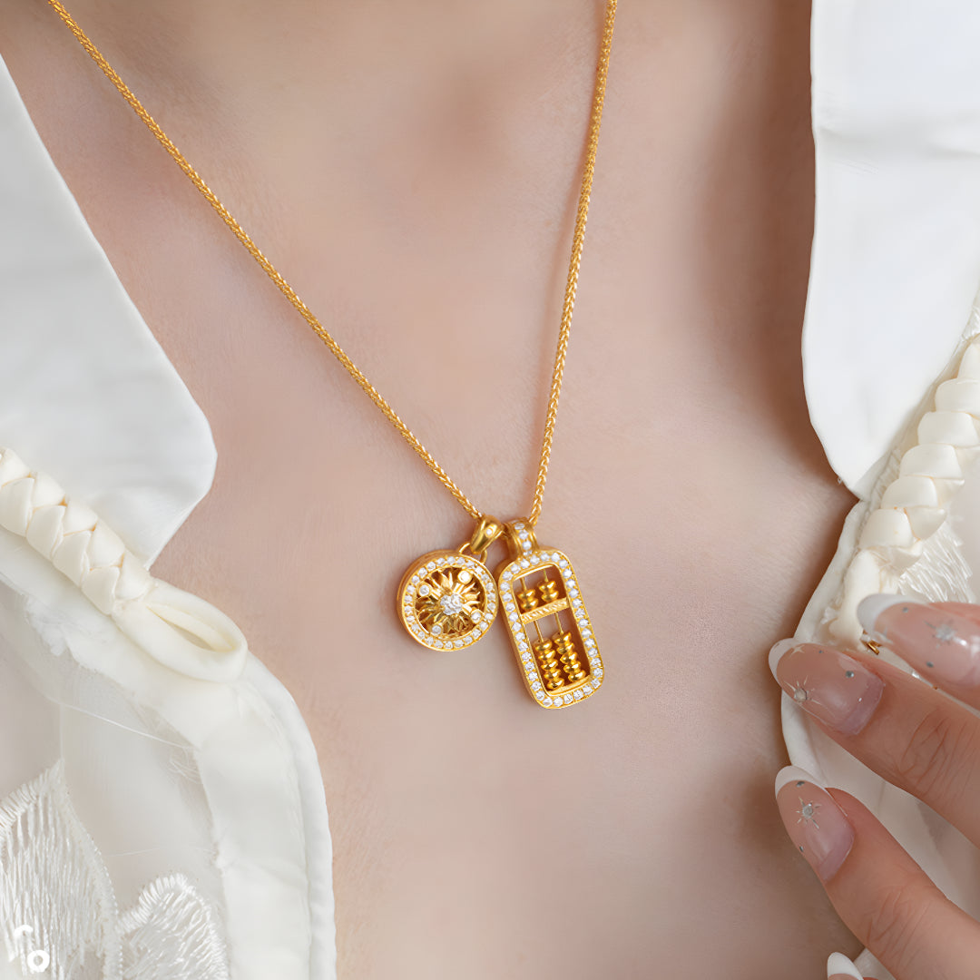 24K Real Gold Round Zircon Sunflower Pendant and Abacus Beads Pendant - Gypsophila Co.
