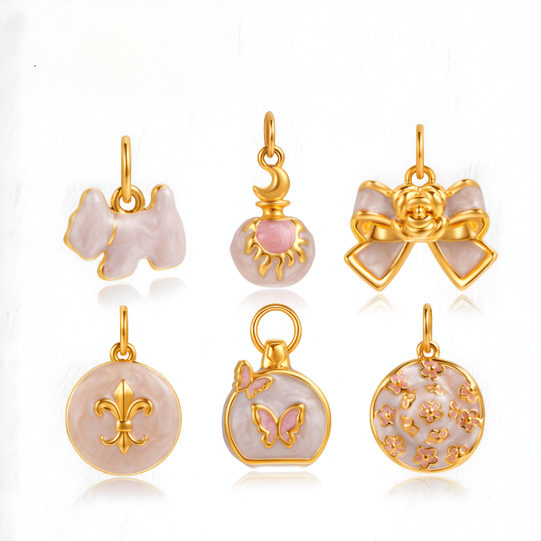 24K Pure Gold Pink Enamel 5D Hard Gold Dog Happy Face Bow and Perfume Bottle Charm D.I.Y Pendant - Gypsophila Co.