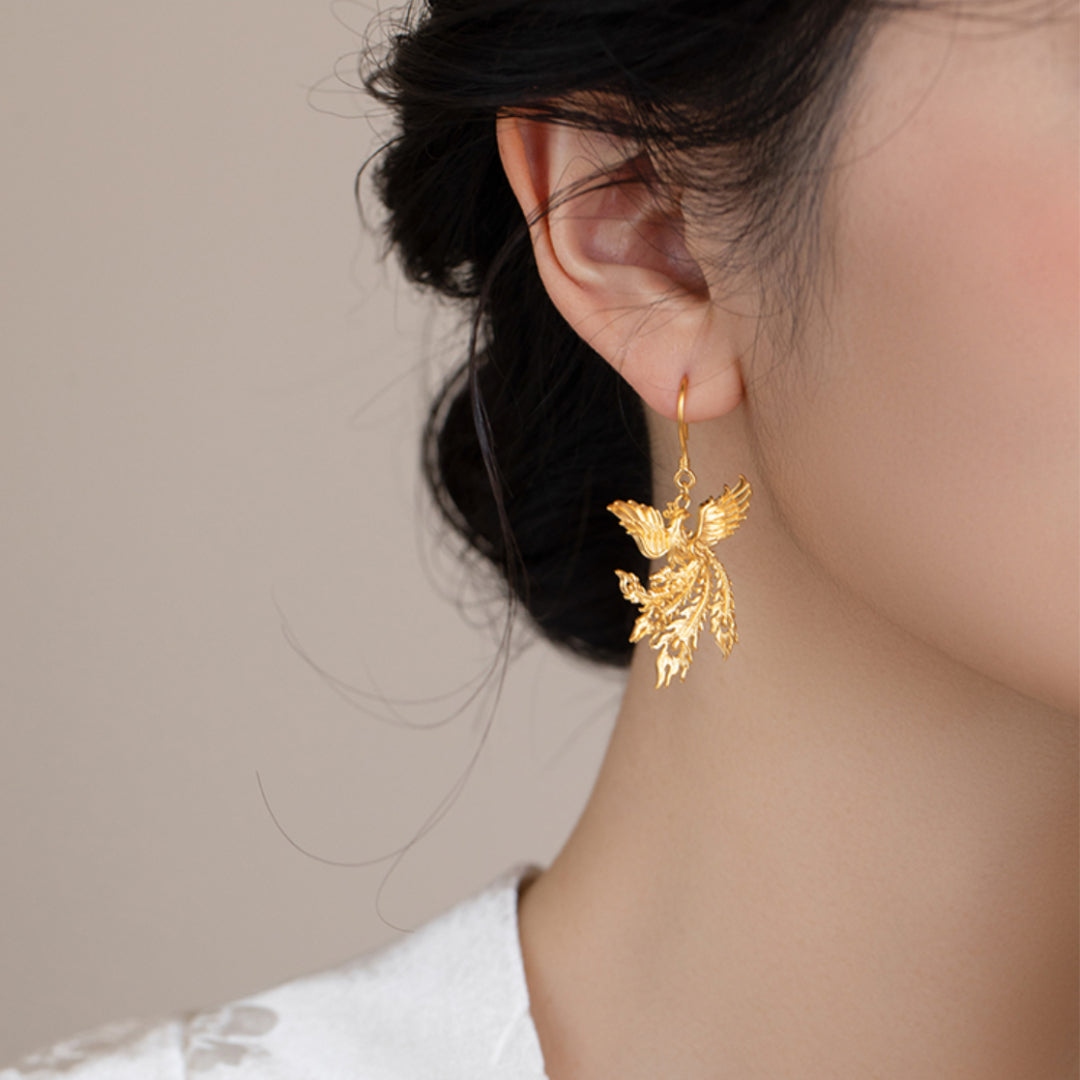 24K Pure Gold Flying Phoenix Wedding Bridal Hoop Earrings - Gypsophila Co.