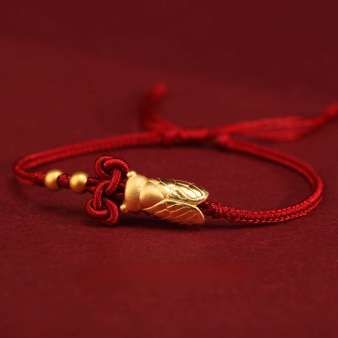 24k Solid 999 Gold Cicada Pendant with Red String Braided Rope Bracelet for Good Luck