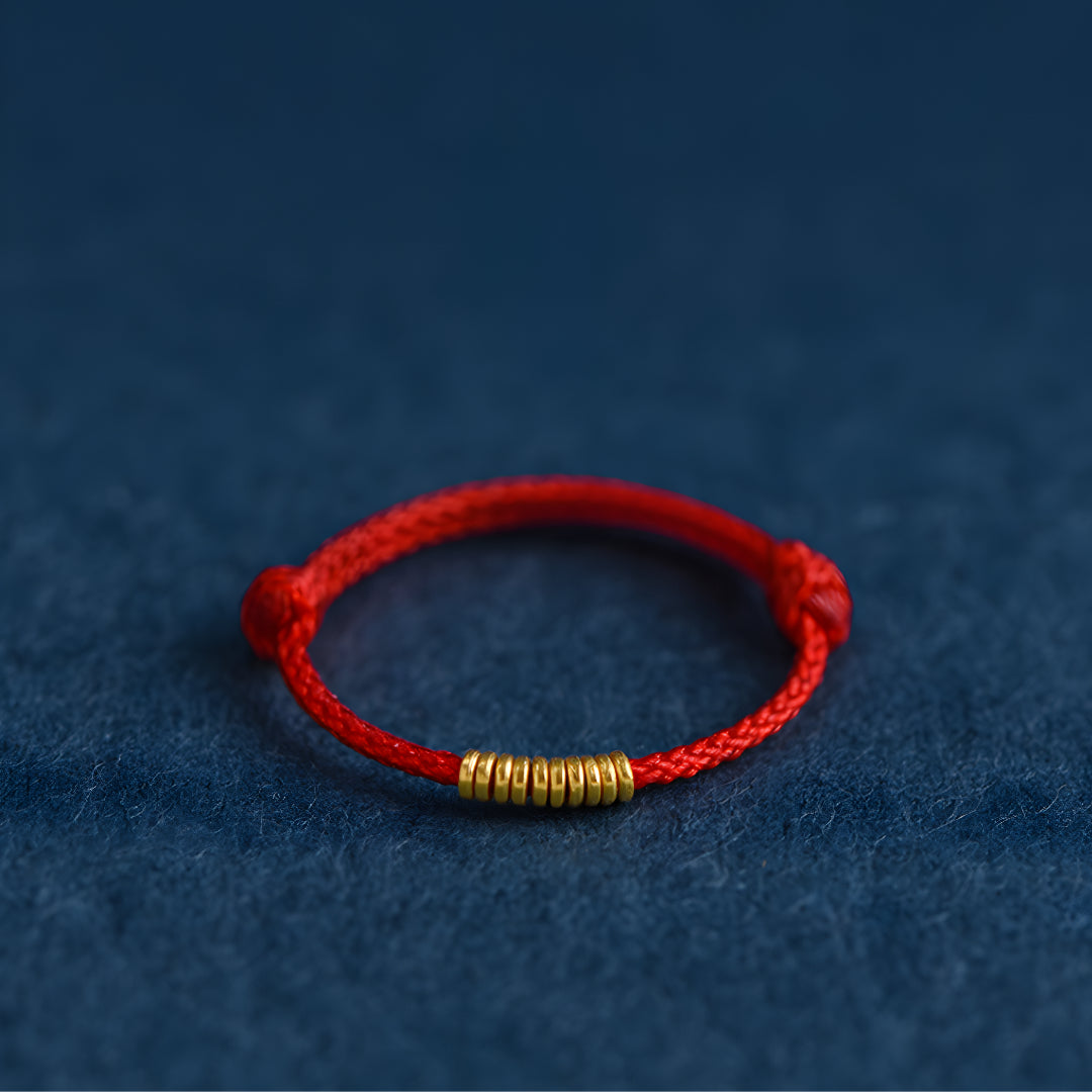 24k Solid 999 Gold Lucky Beads Red Rope Braided Adjustable Stacking Ring Minimal Style