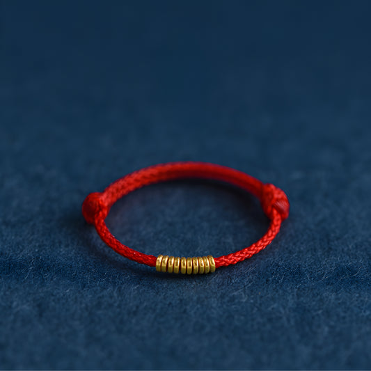 24k Solid 999 Gold Lucky Beads Red Rope Braided Adjustable Stacking Ring Minimal Style