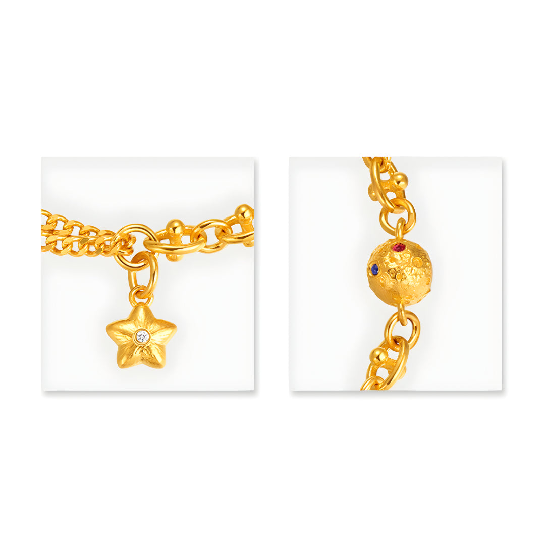 24K Pure Gold Moissanite Star and Planet Charm Fairy Tale Double Chain Bracelet - Gypsophila Co.