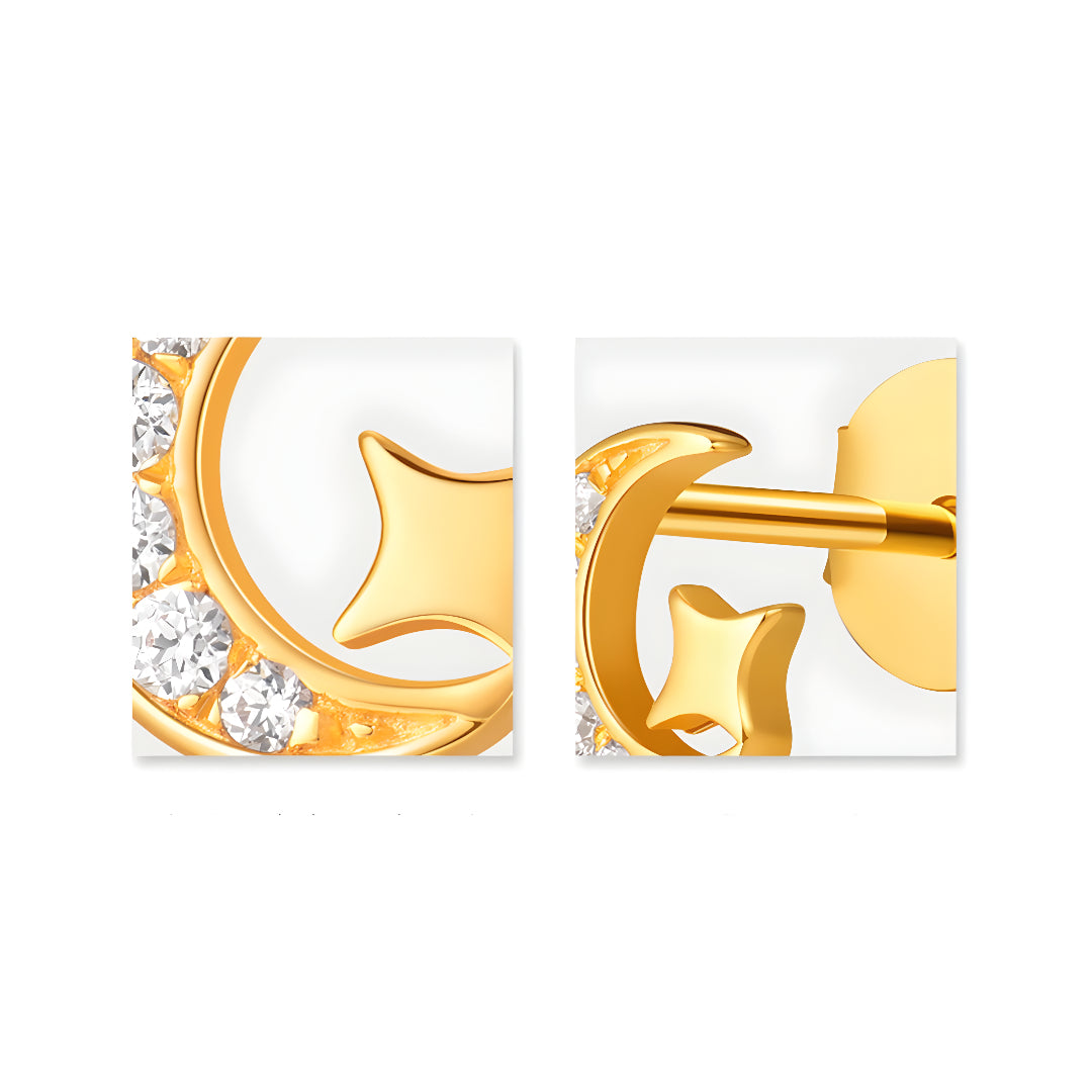 18K Pure Gold Zircon Moon and Star Romantic Stud Earrings - Gypsophila Co.