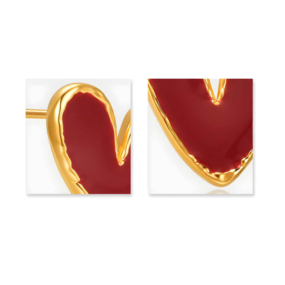 24K Real Gold Enamel Red Heart Love Valentine Gift Stud Earrings