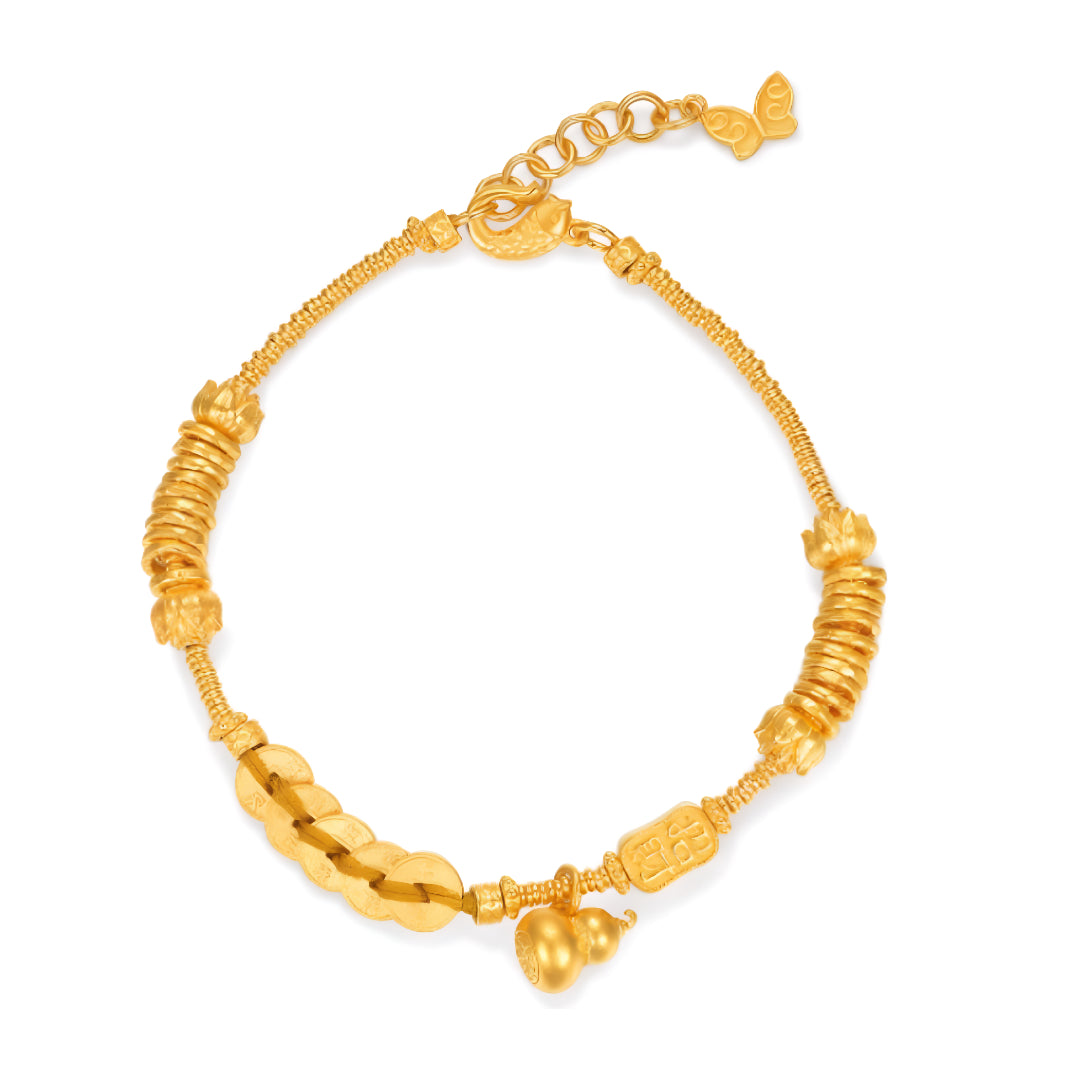 24K Real Gold Five Elements Blessing Coin Bring Wealth Gourd Gold Bracelet