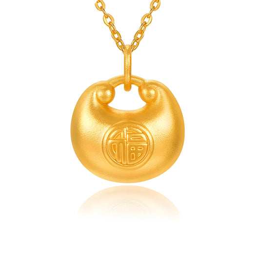 24K Real Gold 3D Hard Gold Fu Blessing Lock Bag Charm Pendant