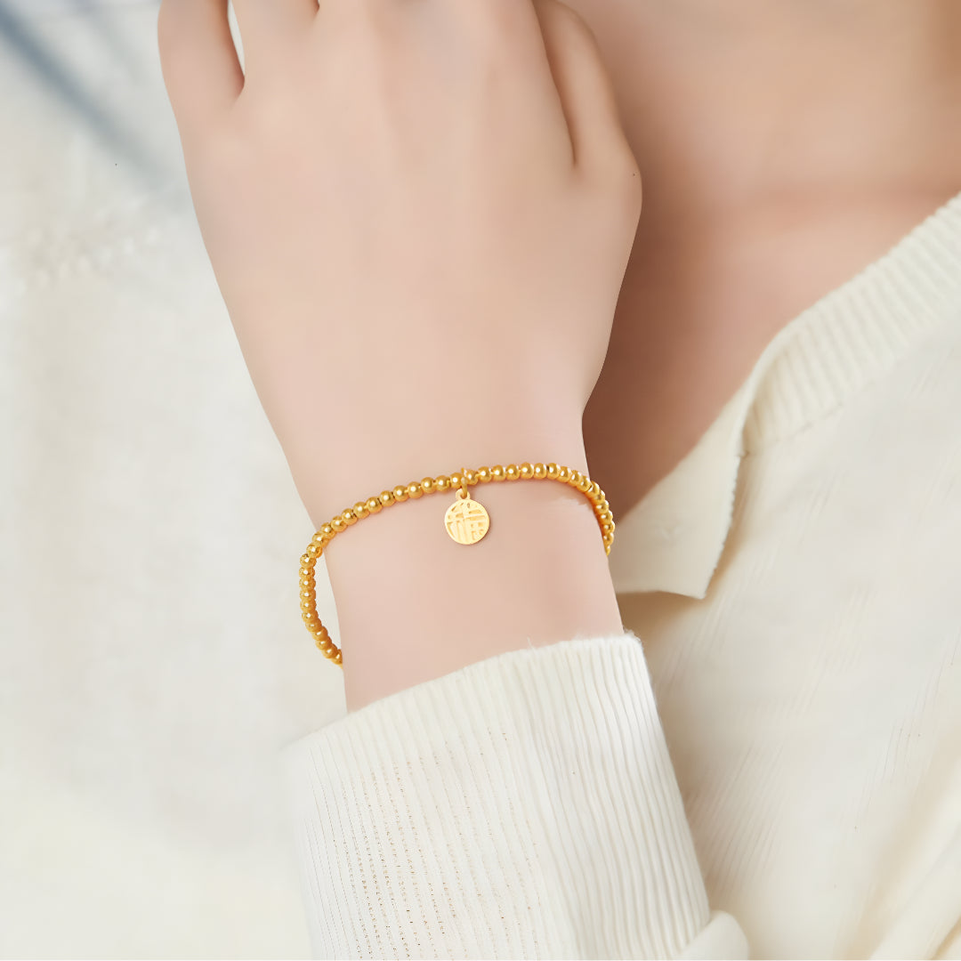 24K Beads Minimal Bracelet with Blessing Chinese Font Fu Charm for Good Luck