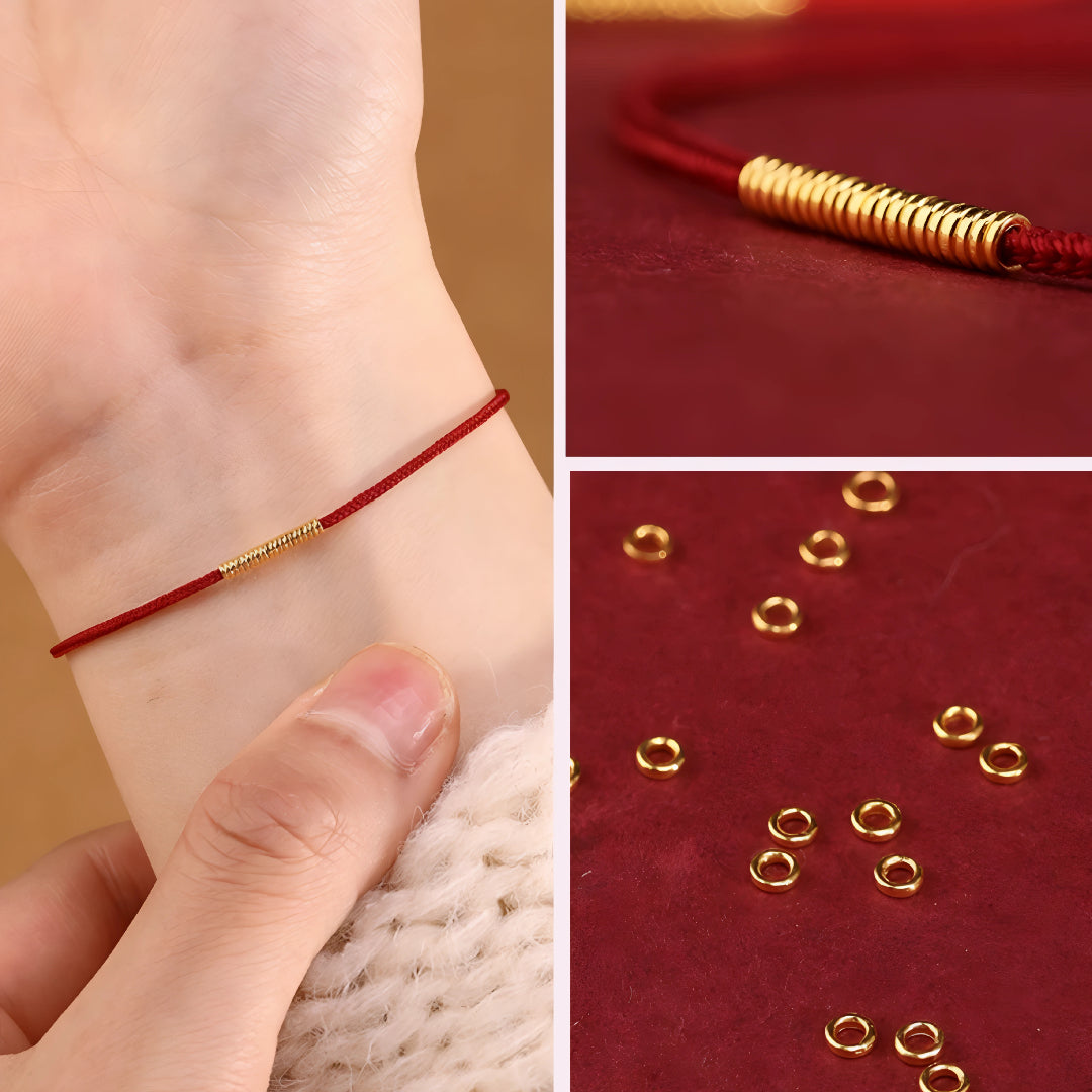 24k Solid 999 Gold Blessing Hoop Beads with Thin Red String Braided Rope Bracelet Minimal Minimalist Style