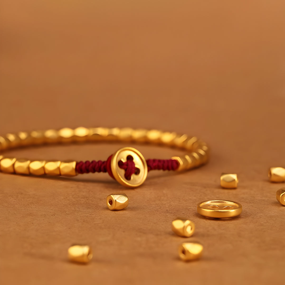 24k Solid 999 Gold Beads Red Braided Rope Bracelet for Men and Women Blessing and Luck