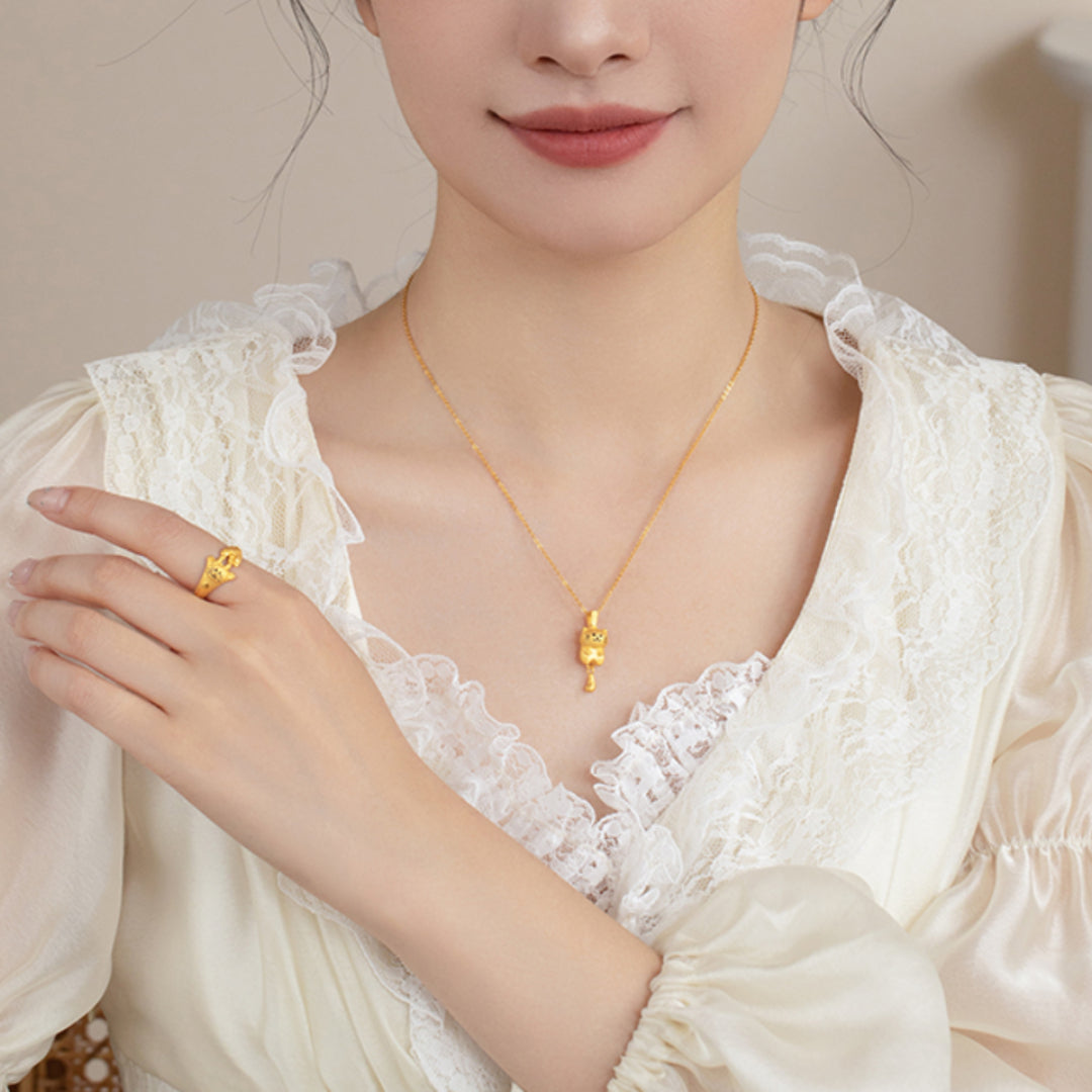 24K Pure Gold Playful Enamel Kitty Cat wiggle Tail Pendant