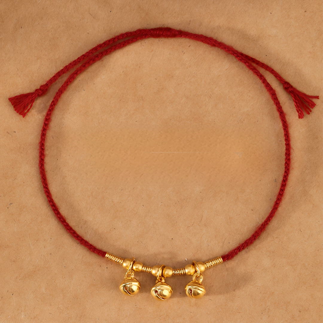 24k Solid 999 Gold Bell Charm Pendant with Red String Braided Rope Bracelet and Anklet Good Fortune