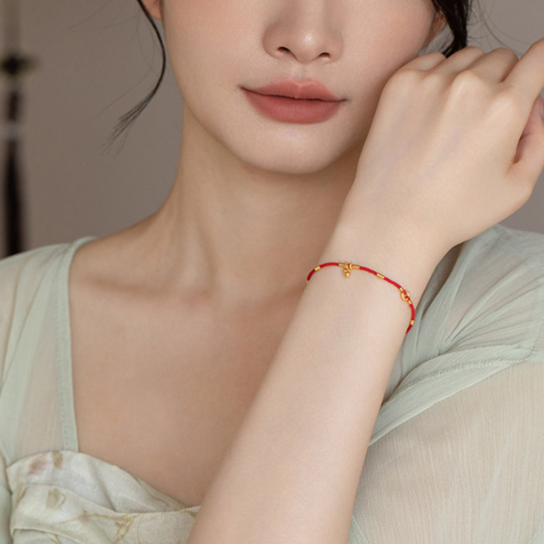 24K Real Gold beads Charms Gourd Bell Lucky Red Rope string Braided bracelet