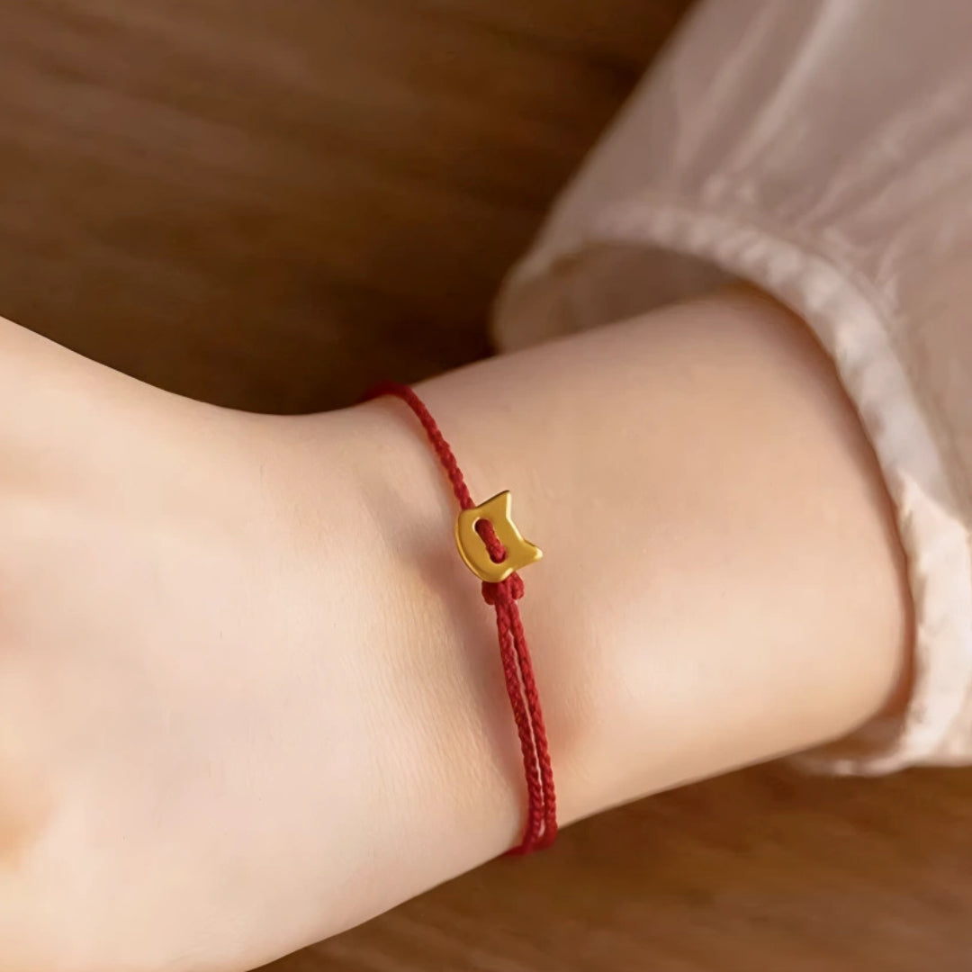 24k Pure 999 Gold Star Cat Dog Deer Apple Charm with Red Rope Bracelet
