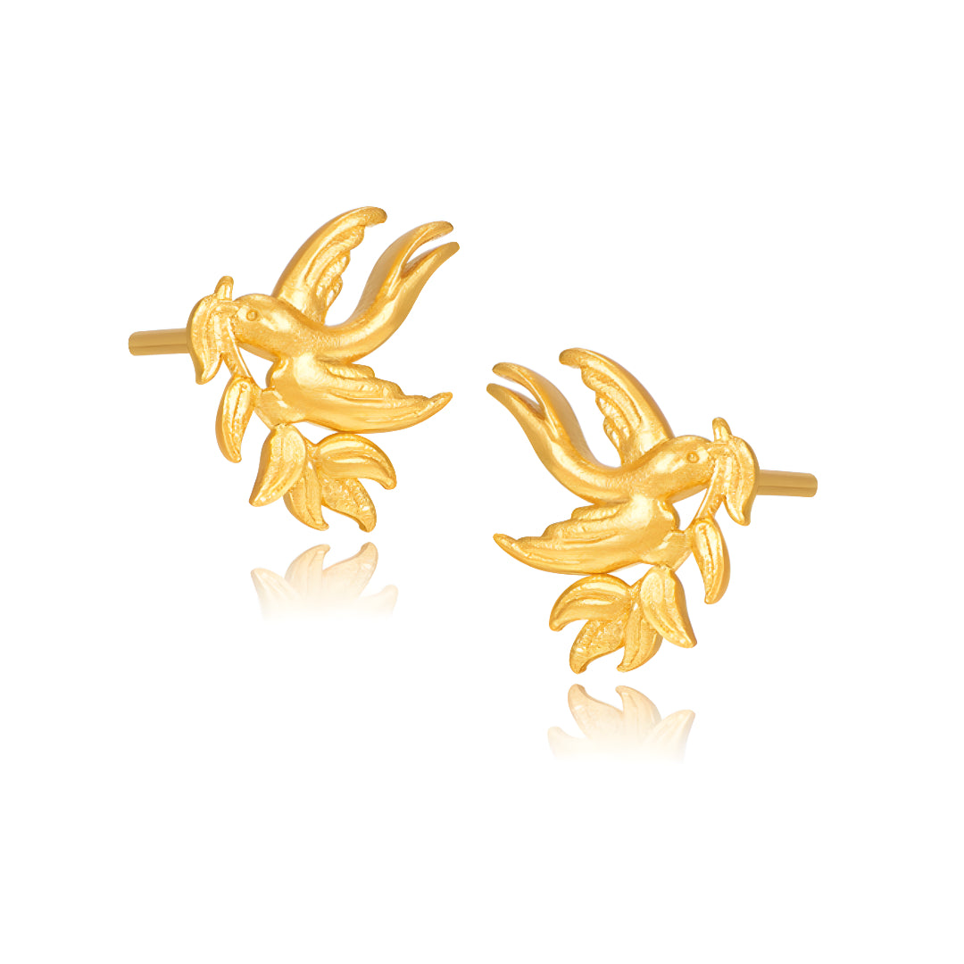 24K Real Gold Bird Swallow Peace Leaf Stud Earrings
