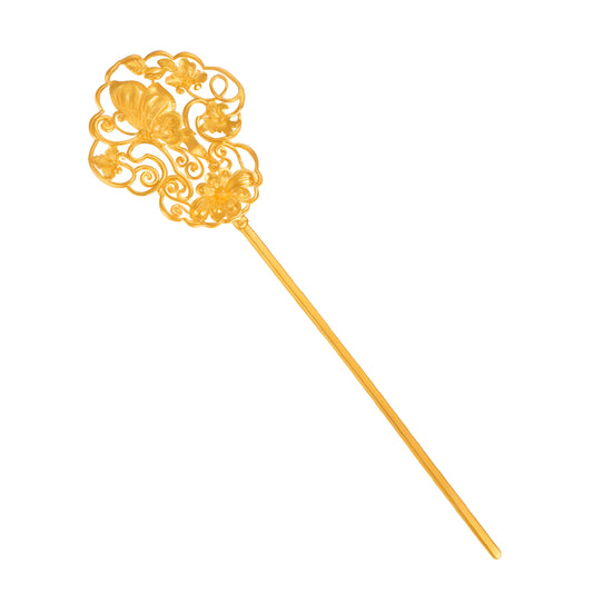 24k Gold Flower Flying Butterfly Hand-Carved Hairpin Hair Bun Stick